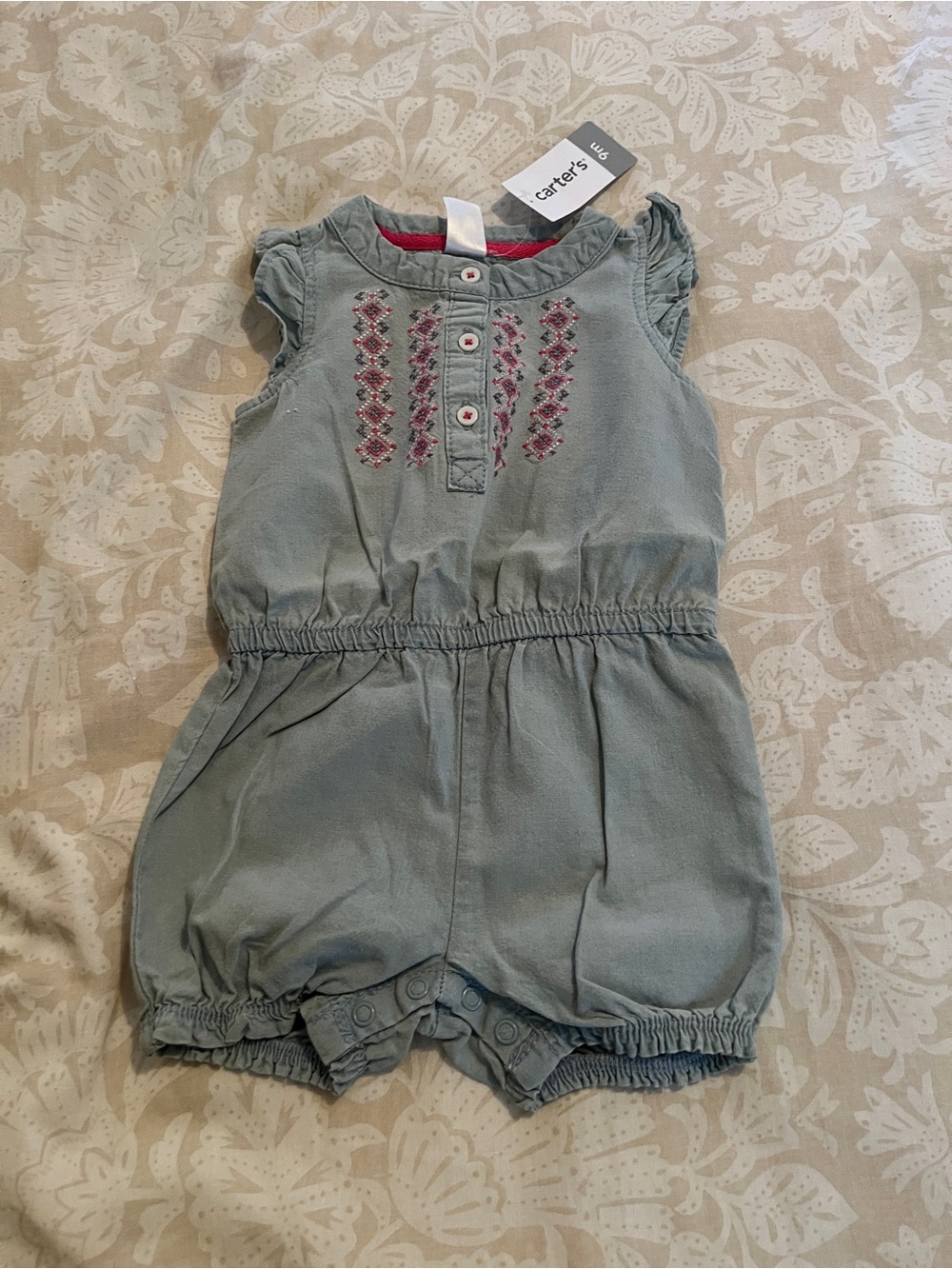 Carter's Chambray Baby Girl Romper with Pink Embroidery